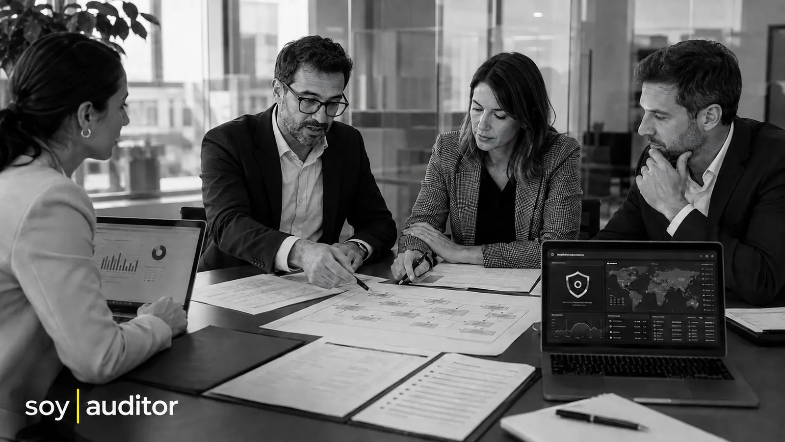 Equipo profesional analizando diferentes tipos de auditoría